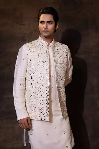 Ivory silk nehru jacket set