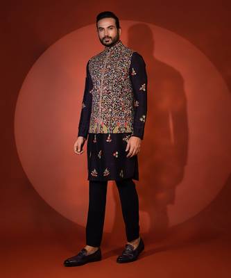Midnight blue silk nehru jacket set 1