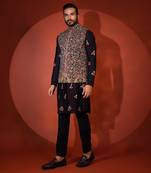 Midnight blue silk nehru jacket set