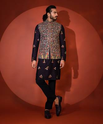 Midnight blue silk nehru jacket set 2