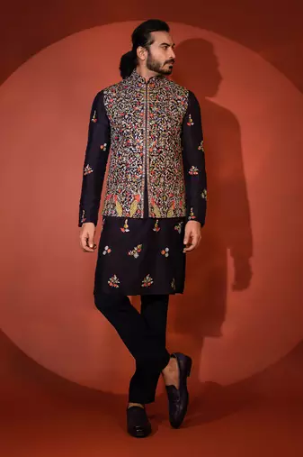 Midnight blue silk nehru jacket set