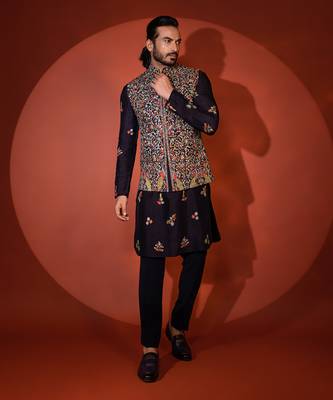 Midnight blue silk nehru jacket set 3