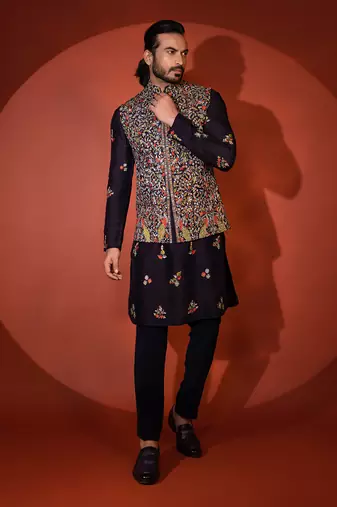 Midnight blue silk nehru jacket set