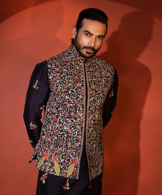Midnight blue silk nehru jacket set 4