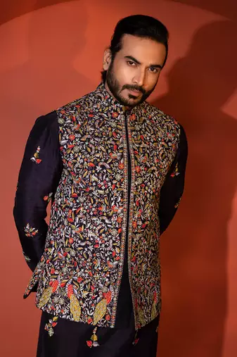 Midnight blue silk nehru jacket set