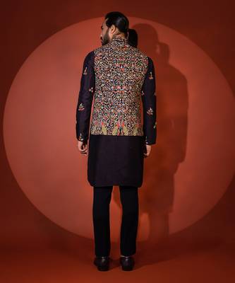 Midnight blue silk nehru jacket set 5