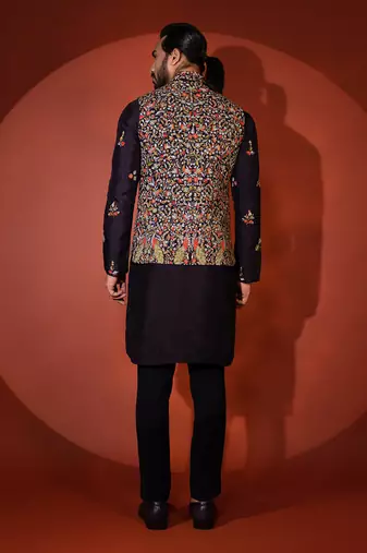 Midnight blue silk nehru jacket set