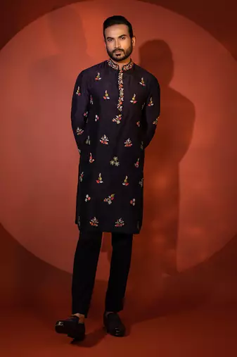 Midnight blue silk kurta pajama