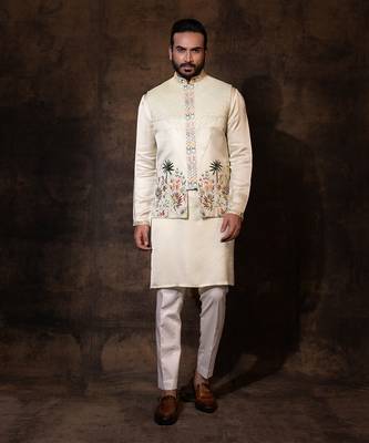 Mint green linen satin nehru jacket set 1