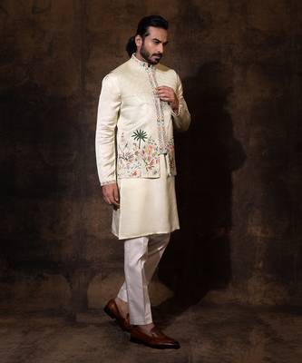 Mint green linen satin nehru jacket set 2