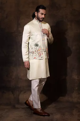 Mint green linen satin nehru jacket set