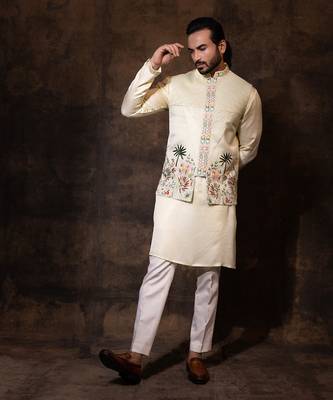 Mint green linen satin nehru jacket set 3