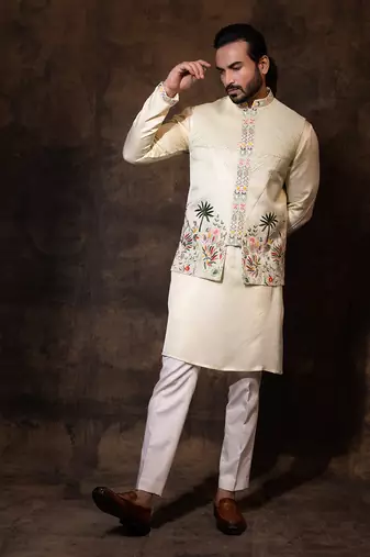 Mint green linen satin nehru jacket set