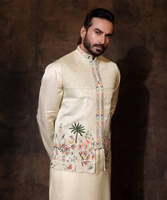 Mint green linen satin nehru jacket set 4