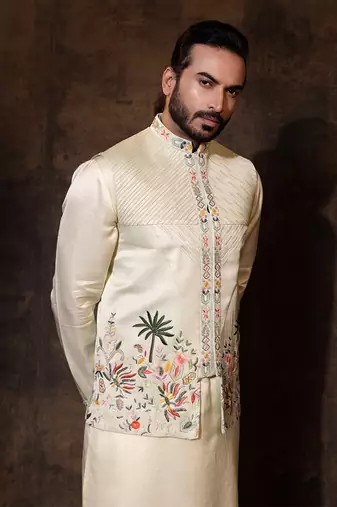 Mint green linen satin nehru jacket set