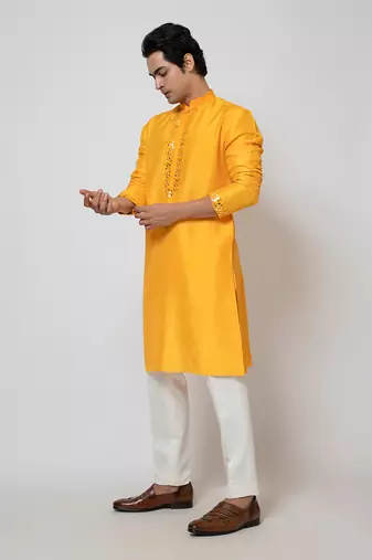 Mango yellow bam silk kurta set