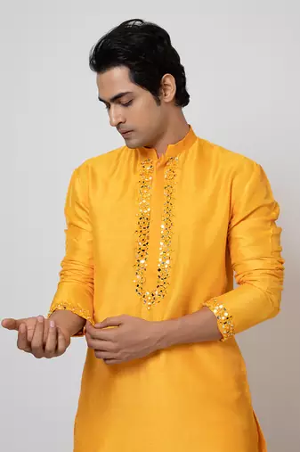 Mango yellow bam silk kurta set