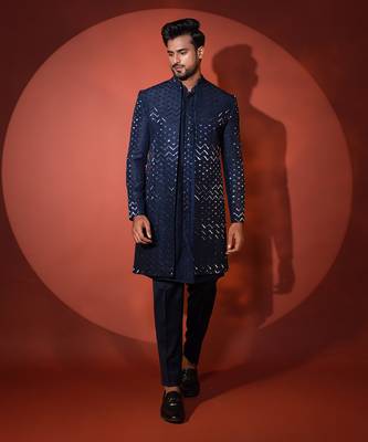Navy blue silk achkan set 1