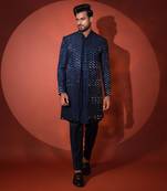 Navy blue silk achkan set