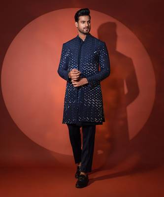 Navy blue silk achkan set 2