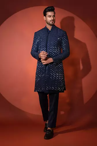 Navy blue silk achkan set