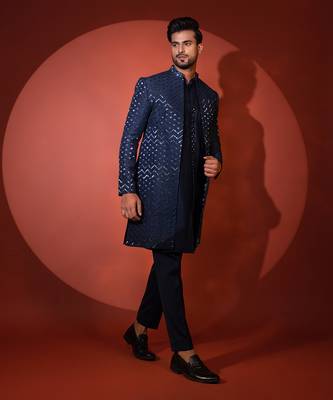 Navy blue silk achkan set 3