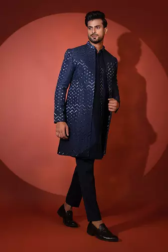 Navy blue silk achkan set