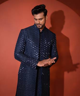 Navy blue silk achkan set 4