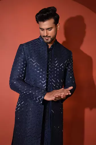 Navy blue silk achkan set