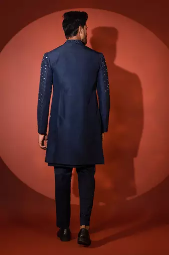 Navy blue silk achkan set