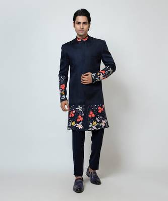 Midnight blue linen satin achkan set 1