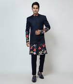 Midnight blue linen satin achkan set