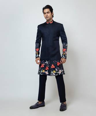 Midnight blue linen satin achkan set 2