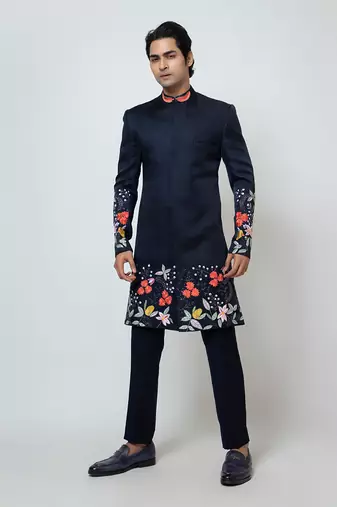 Midnight blue linen satin achkan set
