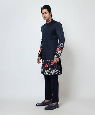 Midnight blue linen satin achkan set 3