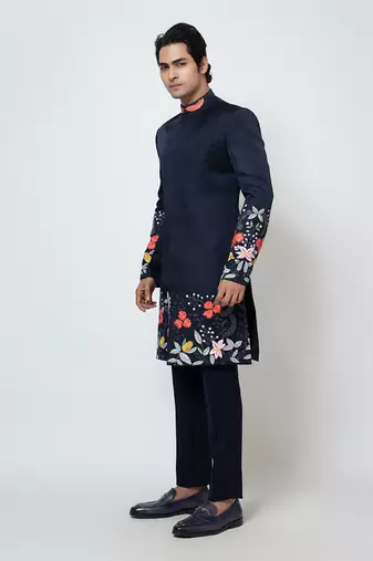Midnight blue linen satin achkan set