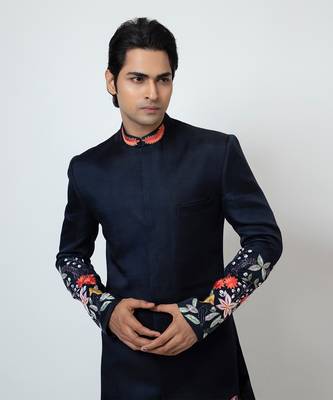 Midnight blue linen satin achkan set 4