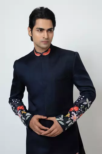 Midnight blue linen satin achkan set