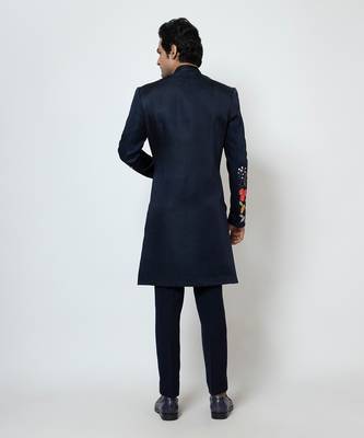 Midnight blue linen satin achkan set 5