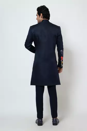 Midnight blue linen satin achkan set