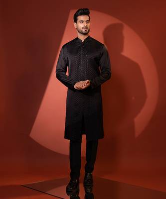Black linen satin kurta pajama 1