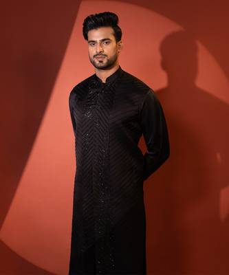 Black linen satin kurta pajama 3