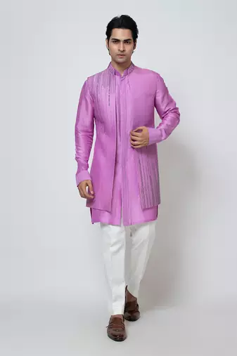 Purple bam silk nehru jacket set