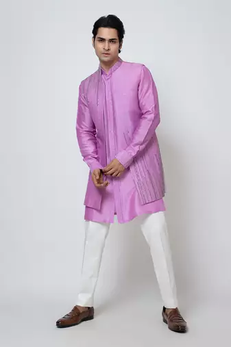 Purple bam silk nehru jacket set
