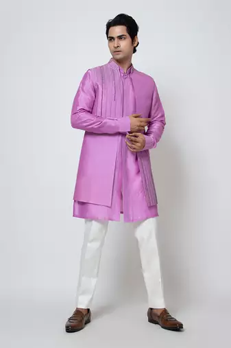 Purple bam silk nehru jacket set