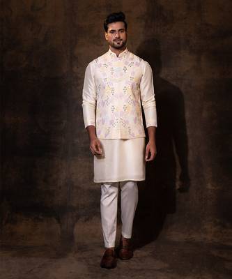 Ivory bam silk nehru jacket set 1