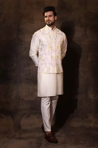 Ivory bam silk nehru jacket set