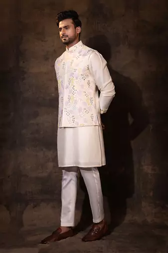 Ivory bam silk nehru jacket set