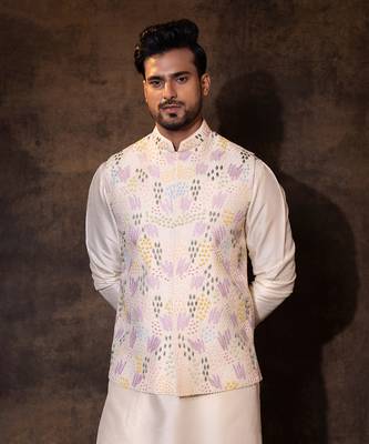 Ivory bam silk nehru jacket set 4