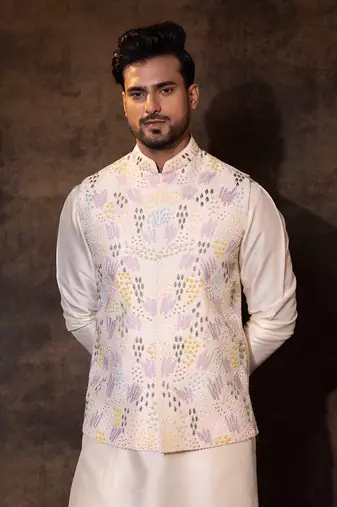Ivory bam silk nehru jacket set